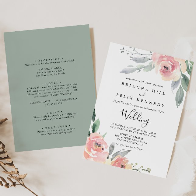 Invitation Élégant Mariage floral bleu rose avant et arrière (Créateur téléchargé)