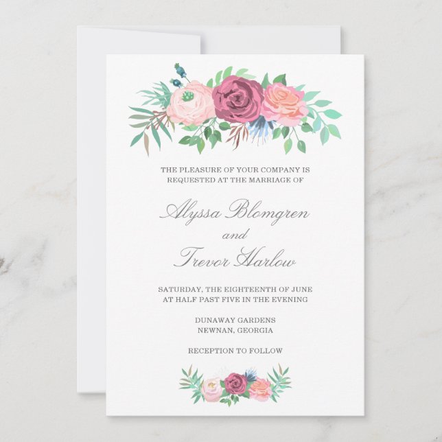 Invitation Élégant Mariage floral bleu rose pâle (Devant)