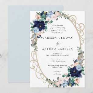 Invitation Élégant Mariage floral bleu rose roux