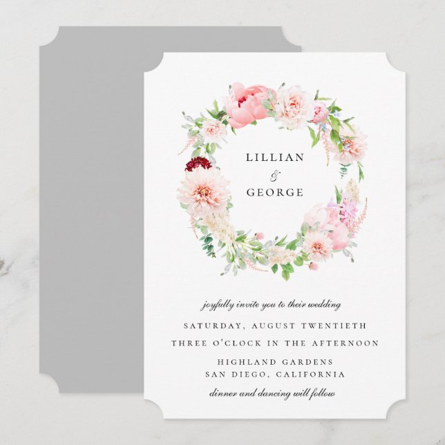 Invitation Élégant Mariage floral Blush (Devant / Derrière)