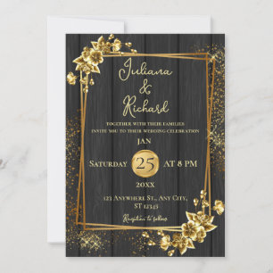 Invitation Elégant Mariage Floral Bois Noir & Or