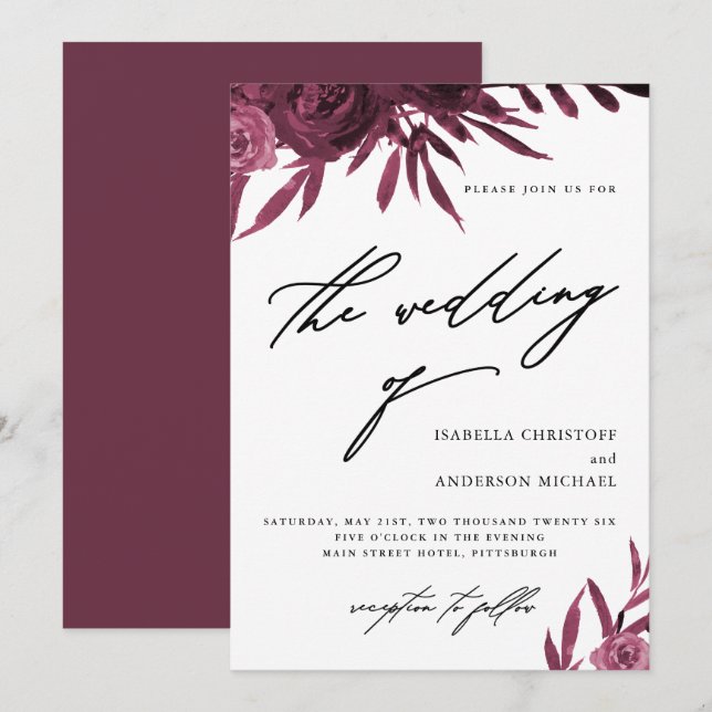 Invitation Élégant Mariage floral Bourgogne (Devant / Derrière)