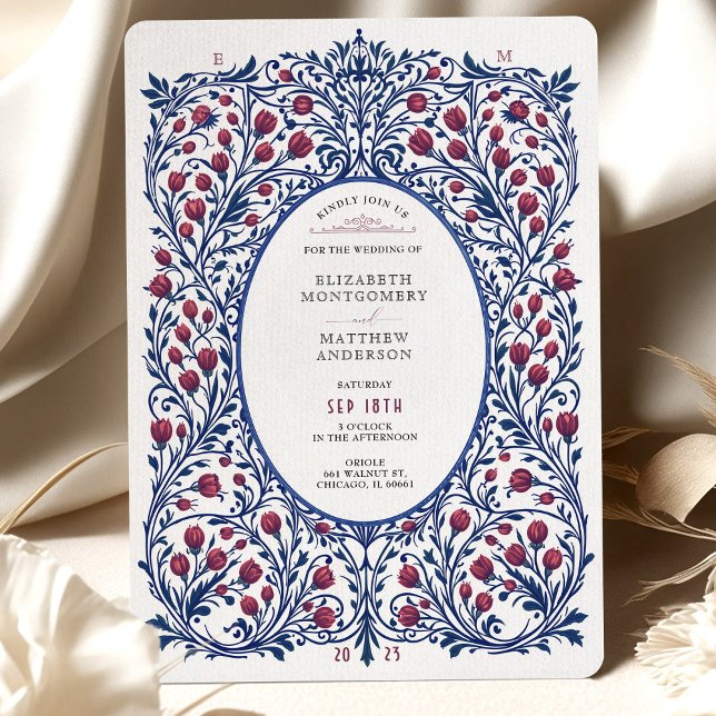 Invitation Élégant Mariage Floral Bourgogne et Marine (Créateur téléchargé)