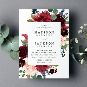 Invitation Élégant Mariage floral Burgundy de la marine