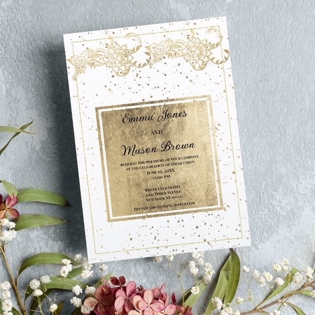 Invitation Élégant Mariage floral confetti blanc et or (Elegant white and gold confetti floral Wedding )