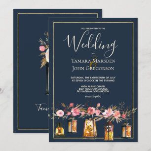 Invitation Élégant Mariage Floral Coral Bleu
