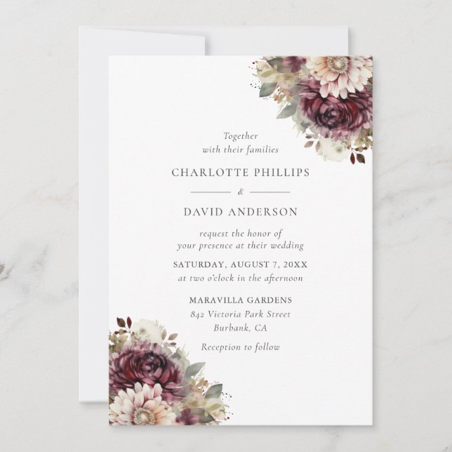 Invitation Élégant Mariage floral de Bourgogne (Devant)