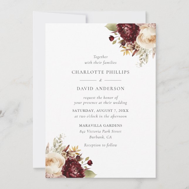 Invitation Élégant Mariage floral de Bourgogne (Devant)