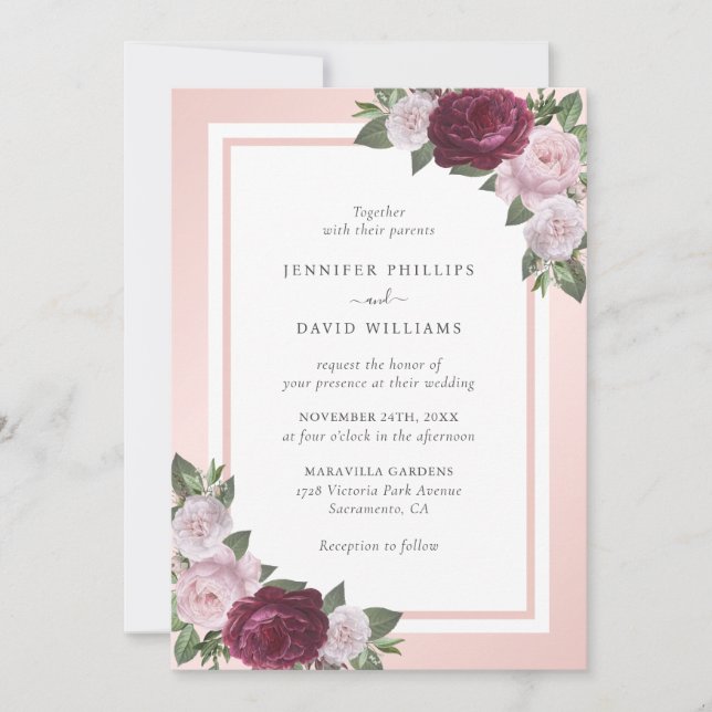 Invitation Élégant Mariage floral de Bourgogne et de Blush (Devant)