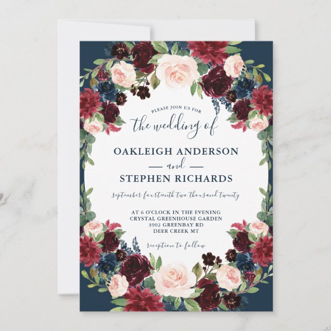 Invitation Élégant Mariage floral de Bourgogne et Marine (Devant)