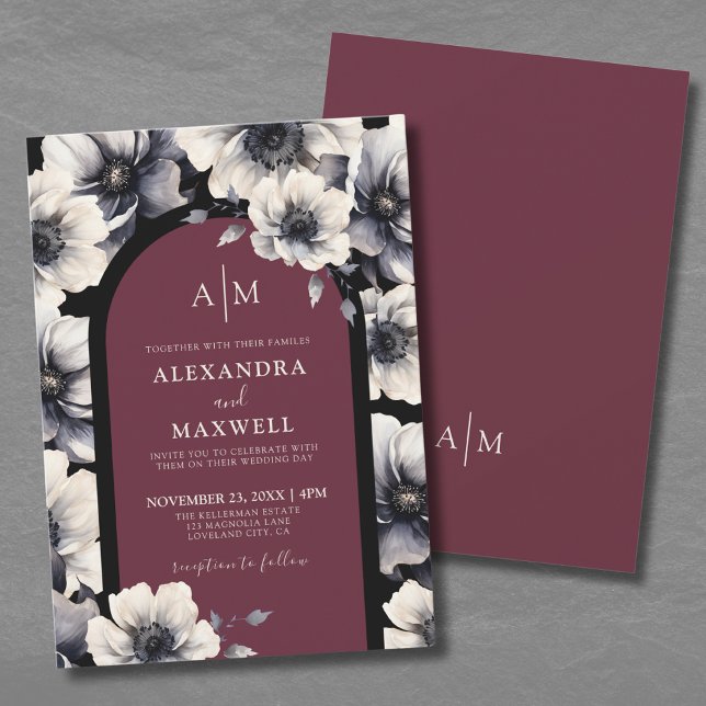Invitation Élégant Mariage floral de Bourgogne moderne (Elegant Modern Burgundy Black Floral Wedding Invitation)