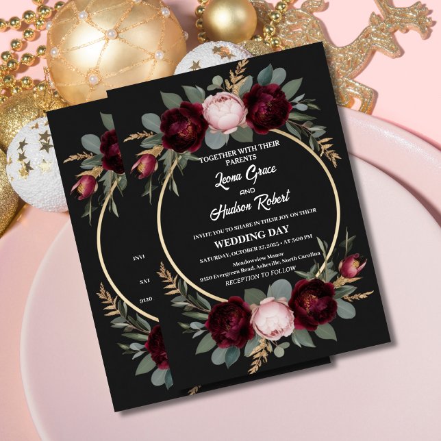 Invitation Élégant Mariage floral de Bourgogne, Noir et Or (Créateur téléchargé)