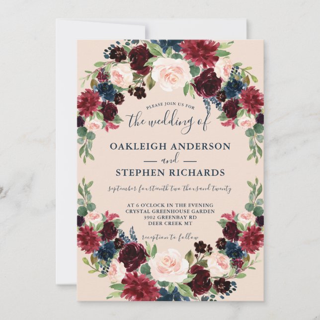 Invitation Élégant Mariage floral de Bourgogne, rose et marin (Devant)