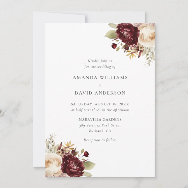 Invitation Élégant Mariage floral de crème bordeaux (Devant)