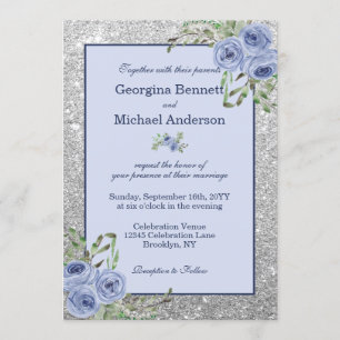 Invitation Élégant Mariage floral de la marine bleu argenté é