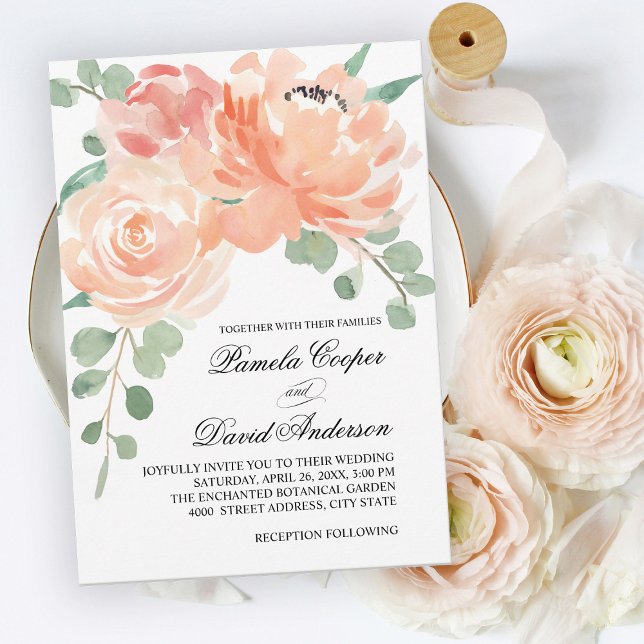 Invitation Elégant Mariage floral de la Pêche (Créateur téléchargé)