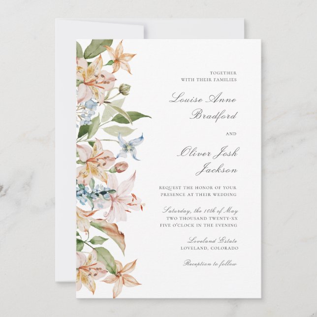 Invitation Élégant Mariage floral de l'aquarelle de script (Devant)