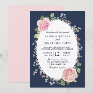 Invitation Élégant Mariage floral de minuit bleu et rose