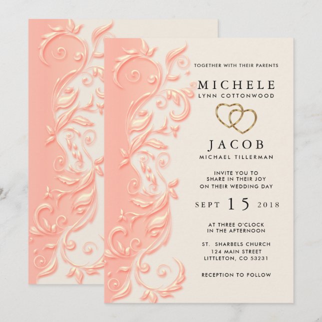 Invitation Élégant Mariage floral de Pêche (Devant / Derrière)