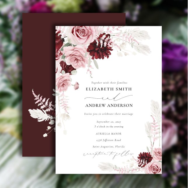 Invitation Élégant Mariage floral de Roses roses roses blanch (Créateur téléchargé)