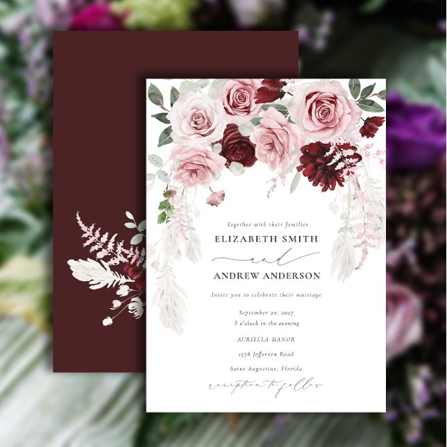 Invitation Élégant Mariage floral de Roses roses roses blanch (Créateur téléchargé)