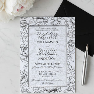 Invitation Élégant Mariage Floral Dessiné à la Main Noir Blan