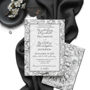 Invitation Élégant Mariage Floral Dessiné à la Main Noir Blan