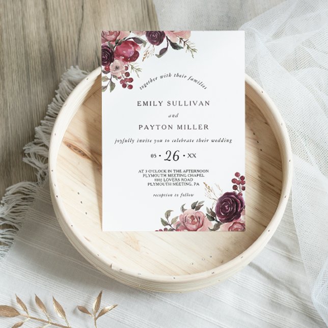 Invitation Élégant Mariage floral d'été de Bourgogne (Créateur téléchargé)