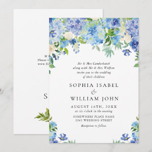 Invitation Élégant mariage floral d'hortensia bleu à l'aquare