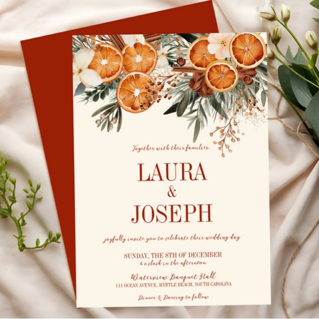 Invitation Élégant Mariage floral d'ivoire (Burnt Orange Citrus Floral Wedding Invitation, Fall Autumn Winter Wedding, Boho Rustic Modern)
