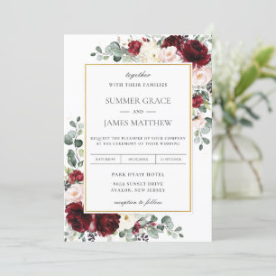 Invitation Élégant Mariage floral d'ivoire rose de Bourgogne