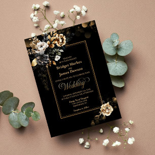 Invitation Élégant Mariage Floral d'or noir