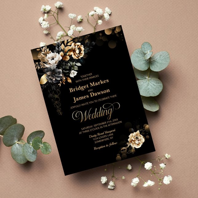 Invitation Élégant Mariage Floral d'or noir (Créateur téléchargé)