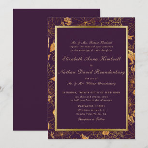 Invitation Élégant Mariage floral d'or violet de Bourgogne