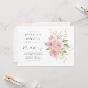 Invitation Élégant mariage floral doré aquarelle rose rose