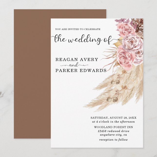 Invitation Élégant Mariage floral en laiton séché Pampas (Devant / Derrière)