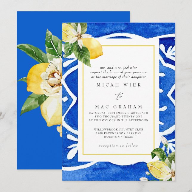 Invitation Élégant Mariage Floral et Citron méditerranéen (Devant / Derrière)