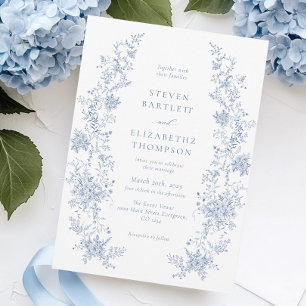 Invitation Élégant Mariage Floral Français Dusty Blue