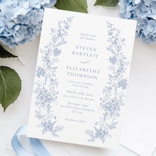Invitation Élégant Mariage Floral Français Dusty Blue (Créateur téléchargé)