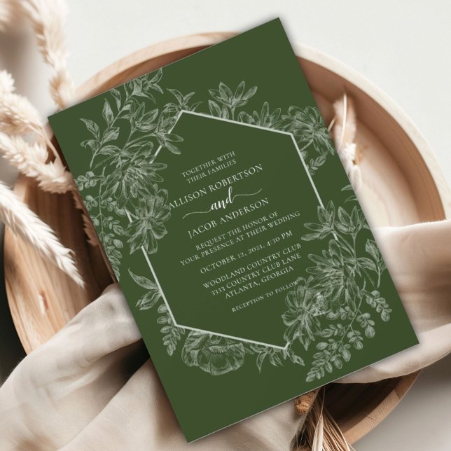 Invitation Élégant Mariage floral géométrique vert et blanc (Créateur téléchargé)