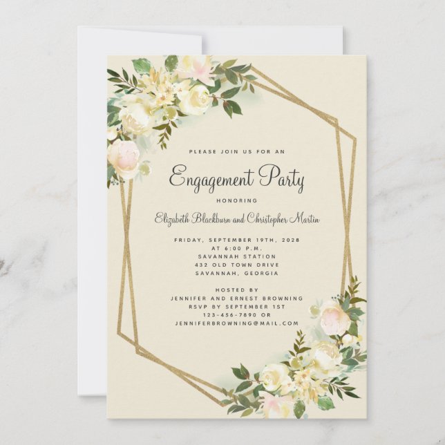 Invitation Élégant Mariage Floral Gold Engagement Party (Devant)