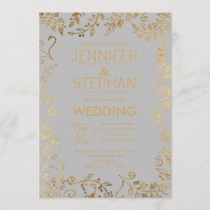 Invitation Élégant Mariage floral gris et jaune d'or