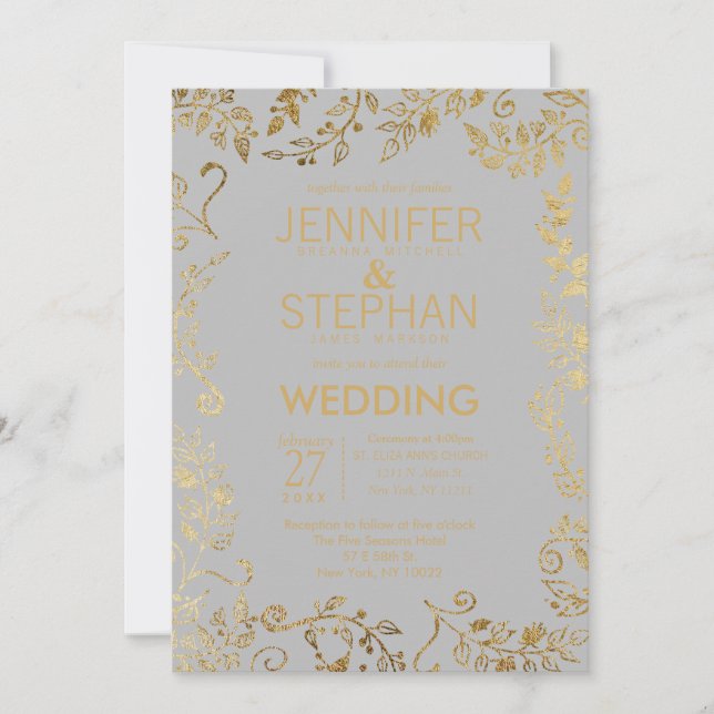 Invitation Élégant Mariage floral gris et jaune or doux (Devant)