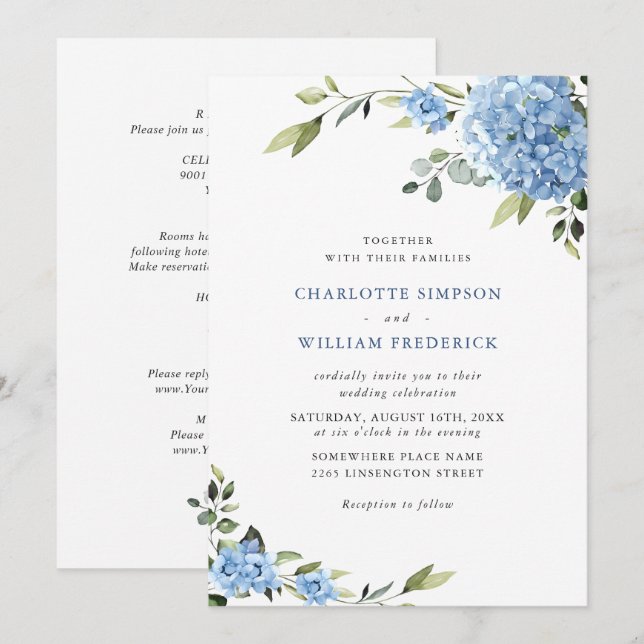 Invitation Élégant Mariage Floral Hydrangea Bleu Tout en un (Devant / Derrière)