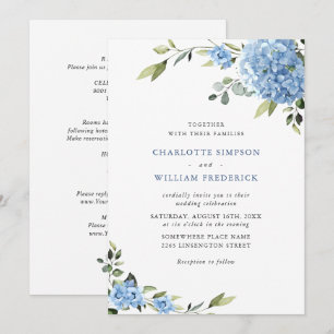 Invitation Élégant Mariage Floral Hydrangea Bleu Tout en un