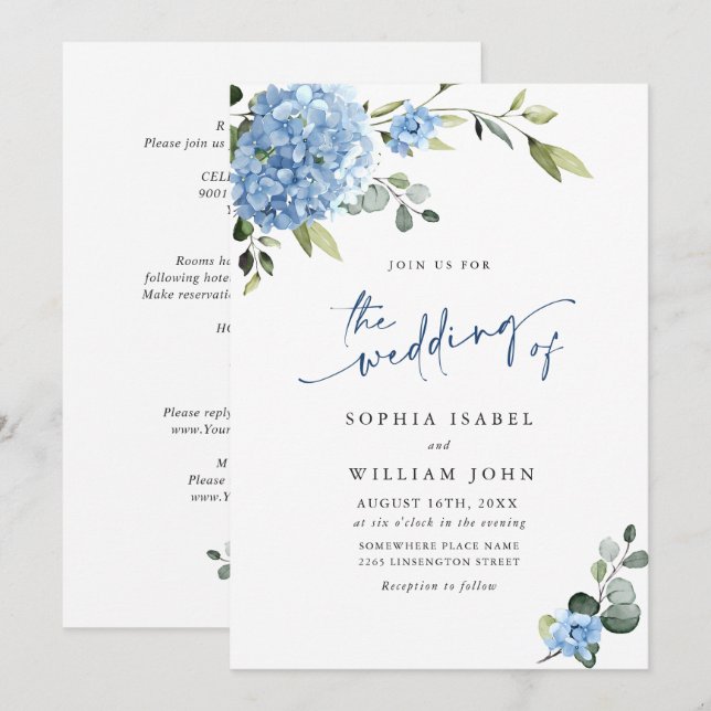 Invitation Élégant Mariage Floral Hydrangea Bleu Tout en un (Devant / Derrière)