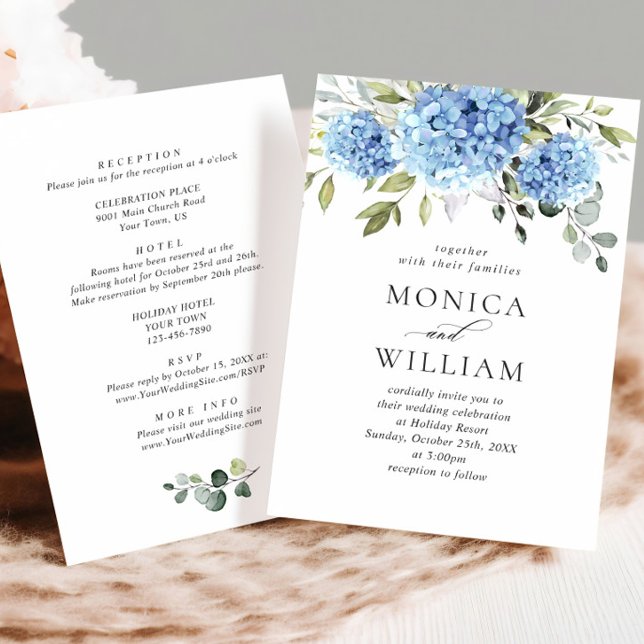 Invitation Élégant Mariage Floral Hydrangea Bleu Tout en un (Créateur téléchargé)