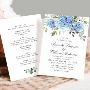 Invitation Élégant Mariage Floral Hydrangea Bleu Tout en un