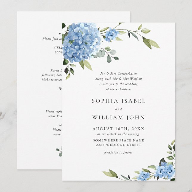 Invitation Élégant Mariage Floral Hydrangea Bleu Tout en un (Devant / Derrière)