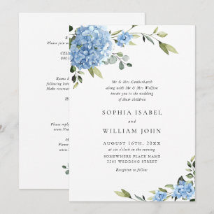 Invitation Élégant Mariage Floral Hydrangea Bleu Tout en un
